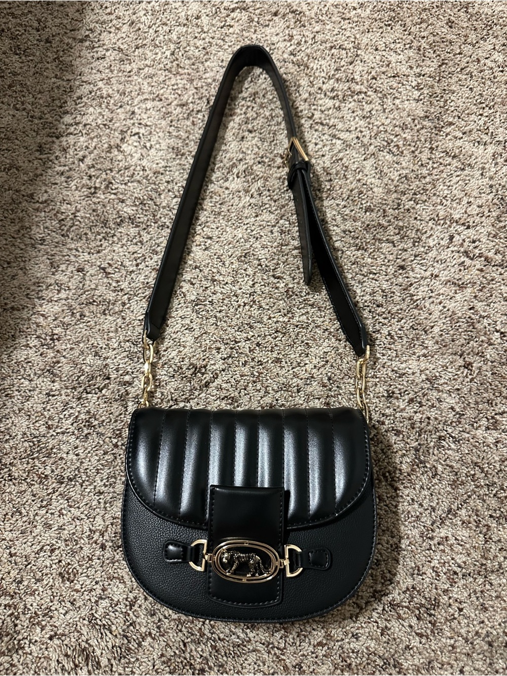 Black Quilted Leather Shoulder Bag with Gold Hardware